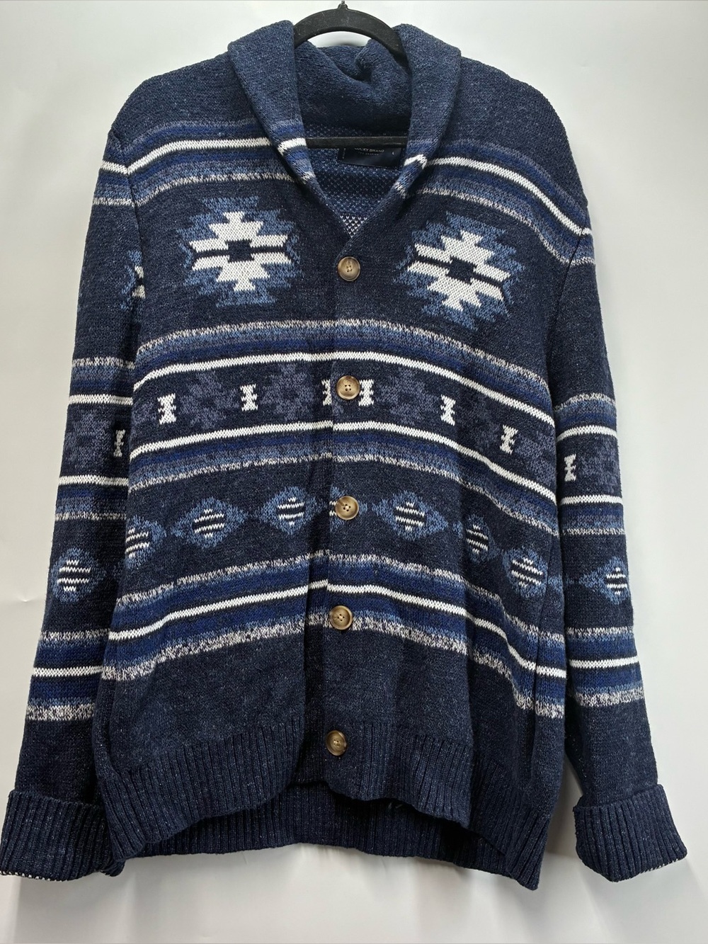 Lucky Brand Mens Large Aztec Southwest Knit Legacy Cardigan Sweater Blue
